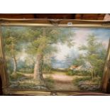 A LARGE OIL PAINTING SIGNED INDISTINCTLY IN A GILT FRAME.