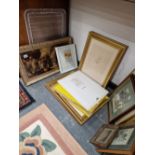 A GROUP OF DECORATIVE PRINTS INCUDING A SET OF FOUR GILT FRAMED ETCHINGS BY MANERAS.