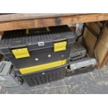STANLEY TOOL BOXES WITH TOOLS, AN ELECTRIC SPANNER SET, A TALON CORDLESS DRILL, ELECTRIC HAND SAW,