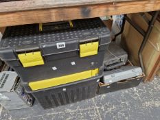 STANLEY TOOL BOXES WITH TOOLS, AN ELECTRIC SPANNER SET, A TALON CORDLESS DRILL, ELECTRIC HAND SAW,
