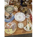DOULTON, ADAMS AND OTHER PLATES, A BRASS HOT WATER JUG, AN ELECTROPLATE TRAY, AN AFRICAN KNIFE AND