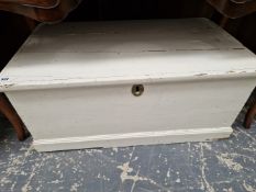 A VICTORIAN PAINTED PINE BLANKET BOX TOGETHER WITH A BOX OF VINTAGE MODEL RAILWAY TRACK.
