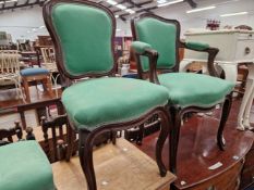 AN ANTIQUE FRENCH SHOW FRAME ARM CHAIR AND MATCHING SIDE CHAIR, TOGETHER WITH A FOOT STOOL.