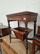 A VICTORIAN, WALNUT AND INLAID SEWING TABLE WITH FOLDOVER TOP.