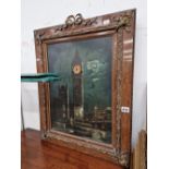 AN ANTIQUE M.O.P. INLAID WALL CLOCK FRAMED AS THE TOWER OF WESTMINSTER (BIG BEN) IN THE MOONLIGHT.