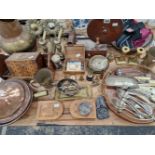 A WOOL WINDER, WARMING PANS, BRASS ANDIRONS, ELECTROPLATE CUTLERY, A BOOKSLIDE, COINS, ETC.