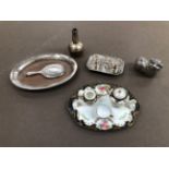 A HALLMARKED SILVER MINIATURE STANDISH, A MINIATURE MIRROR, A DOLLS PORCELAIN TEA SET, AND AN