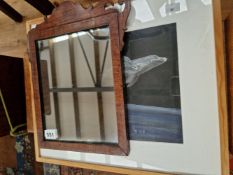 A SMALL GEORGIAN MIRROR AND A PASTEL DRAWING OF DOLPHINS.