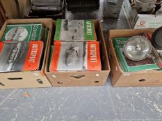 THREE CARTONS OF 1950S AUTOSPORT AND MOTOR SPORT MAGAZINES TOGETHER WITH TWO CAR HEAD LIGHTS