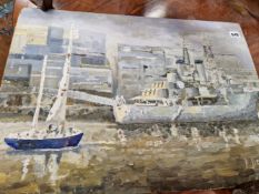 A VINTAGE OIL ON BOARD OF A BATTLE SHIP IN DOCK SIGNED P. DOMINIC.
