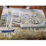 A VINTAGE OIL ON BOARD OF A BATTLE SHIP IN DOCK SIGNED P. DOMINIC.