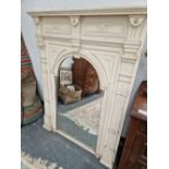 A VINTAGE PAINTED PINE OVERMANTLE MIRROR.
