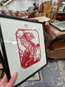 TWO LINOCUT TYPE PRINTS OF TIGERS