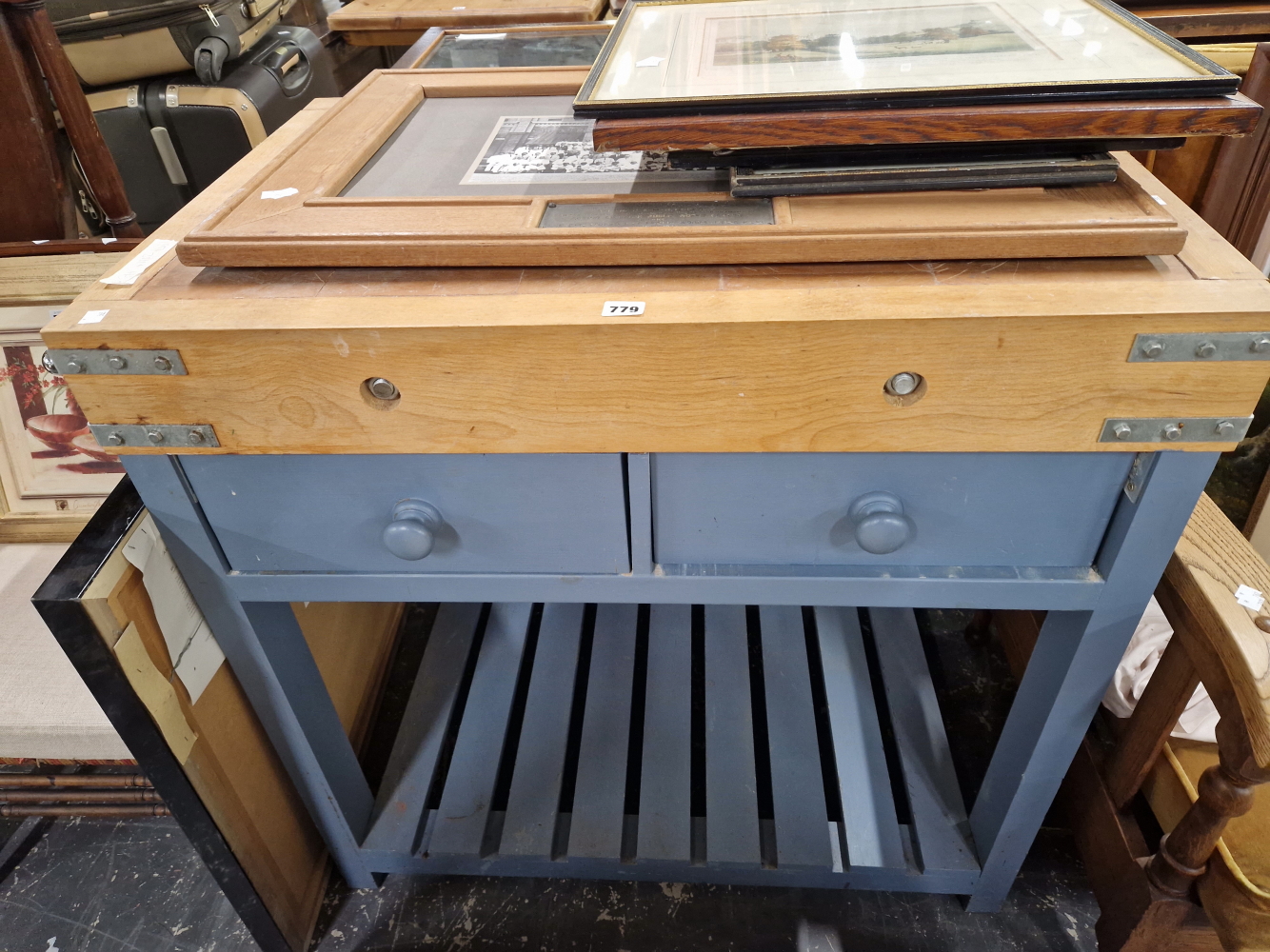 A BUTCHERS BLOCK ON A TWO DRAWER BASE WITH AN UNDERSHELF BETWEEN THE LEGS. W 102 x D 61 x H 91cms.