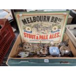 A MELBOURNE BEER POSTER TOGETHER WITH HORSE BRASSES AND OTHER METALWARES.