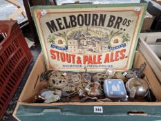 A MELBOURNE BEER POSTER TOGETHER WITH HORSE BRASSES AND OTHER METALWARES.