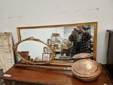 TWO GILT FRAMED MIRRORS AND A COPPER WARMING PAN
