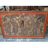 A LARGE ANTIQUE ORIENTAL METAL THREAD WOVEN PICTURE IN GLAZED FRAME.