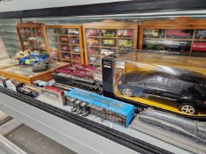 FIVE GLAZED WOODEN DISPLAY CASES OF DIE CAST TOYS, OTHERS BOXED AND LOOSE TOGETHER WITH A BOXED