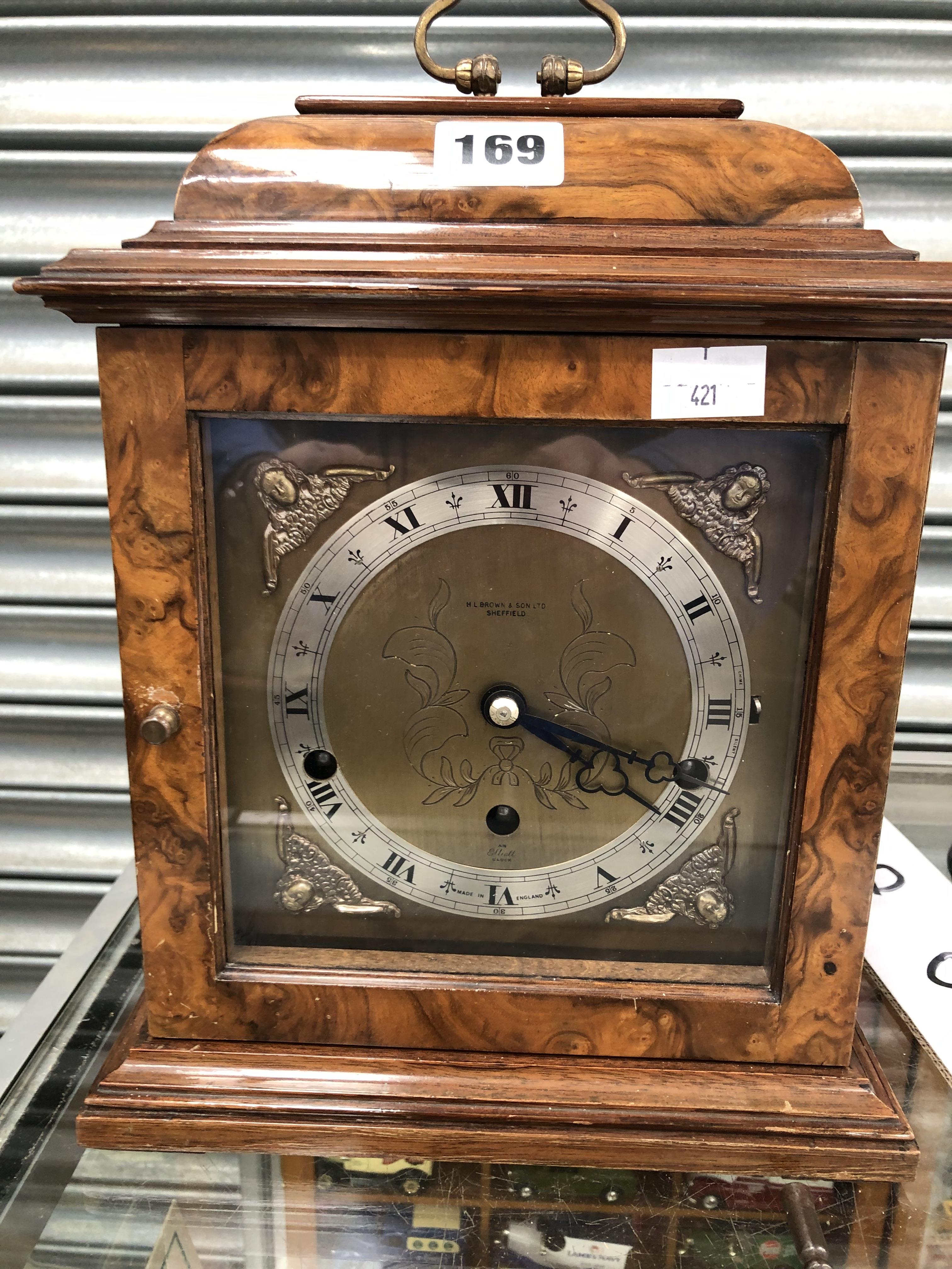 A WALNUT CASED ELLIOTT MANTEL CLOCK CHIMING ON EIGHT RODS AND RETAILED BY BROWN OF SHEFFIELD - Image 2 of 8