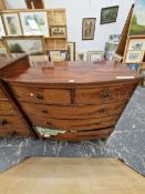 A 19th C. MAHOGANY BOW FRONT CHEST OF TWO SHORT AND THREE LONG DRAWERS. W 103 x D 51 x H 104cms.