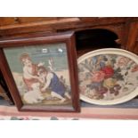 A VICTORIAN NEEDLEWORK PANEL IN MAHOGANY FRAME AND AN OVER FLORAL FRAMED TEXTILE.