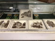 FIVE MINTON TILES PRINTED WITH TWO SCENES TOGETHER WITH THREE ART NOUVEAU TILES