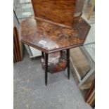 AN ANTIQUE ARTS AND CRAFTS POKER WORK SMALL TABLE.