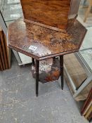 AN ANTIQUE ARTS AND CRAFTS POKER WORK SMALL TABLE.