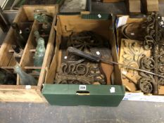 VINTAGE GLASS BOTTLES, IRON AND WOODEN MOULDINGS, A FIRE SHOVEL AND OTHER METAL WORK