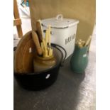 KNIVES, A BREAD BOARD, AN ENAMEL BREAD BIN, TWO ENAMEL BOWLS AND A GREEN JUG