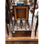 A MARQUETRIED ROSEWOOD DECANTER BOX OF FOUR DECANTERS AND TEN GLASSES