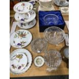 WORCESTER EVESHAM PATTERN CAKE STANDS, CUT GLASS BOWLS AND AN OAK CASED ANEROID BAROMETER