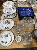 WORCESTER EVESHAM PATTERN CAKE STANDS, CUT GLASS BOWLS AND AN OAK CASED ANEROID BAROMETER