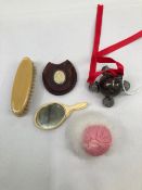 AN ANTIQUE CHILDS PART RATTLE DATED 1919, TOGETHER WITH A MINIATURE DRESSING TABLE TRIO ONE PIECE