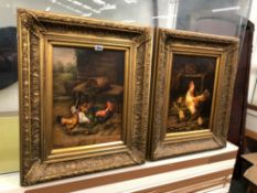 A PAIR OF DECORATIVE GILT FRAMED OIL ON BOARD PAINTINGS OF CHICKENS