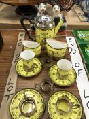 A SILVER MOUNTED WORCESTER YELLOW GROUND PART COFFEE SET TOGETHER WITH A PAIR OF STAFFORDSHIRE