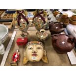 A PAIR AND ANOTHER SATSUMA VASE, A MALAYSIAN WOODEN MASK, TWO ORIENTAL FOOD CARRIERS, A JAPANESE