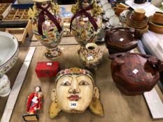 A PAIR AND ANOTHER SATSUMA VASE, A MALAYSIAN WOODEN MASK, TWO ORIENTAL FOOD CARRIERS, A JAPANESE