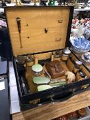 A CANVAS COVERED LEATHER SUITCASE WITH SILVER MOUNTED FITTINGS AND MAPPIN AND WEBB ENAMELLED