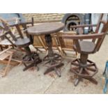 A TALL BAR TABLE AND TWO STOOLS