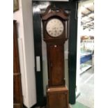 A 19th C. OAK LONG CASED CLOCK, THE CIRCULAR SILVERED DIAL WITH SUBSIDIARY SECONDS AND BELOW A