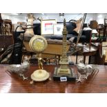 A VINTAGE GILT BRASS STYLIZED NELSON COLUMN A DESK CLOCK AND TWO PHESANT ORNAMENTS