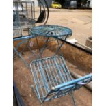 BLUE PAINTED WROGHT IRON PATIO TABLE AND TWO CHAIRS