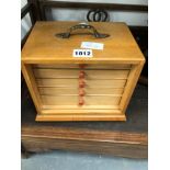 A PINE FIVE DRAWER CASED PLASTIC AND BAMBOO MAHJONG SET