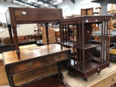 A REVOLVING BOOKCASE, TWO OCCASIONAL TABLES AND A LAZY SUSAN.