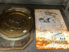 A NEWCASTLE CHAMPION BROWN ALE BEER METAL SIGN TOGETHER WITH A BRASS SHIPS PLAQUE AND AN OCTAGONAL
