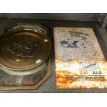 A NEWCASTLE CHAMPION BROWN ALE BEER METAL SIGN TOGETHER WITH A BRASS SHIPS PLAQUE AND AN OCTAGONAL