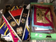 TWO BOXES OF MASONIC APRONS, COLLARS AND ACCESSORIES