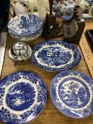 TWO PIPE RACKS, BLUE AND WHITE PLATES AND BOWLS TOGETHER WITH AN ELECTROPLATE SPHERICAL BUTTER DISH